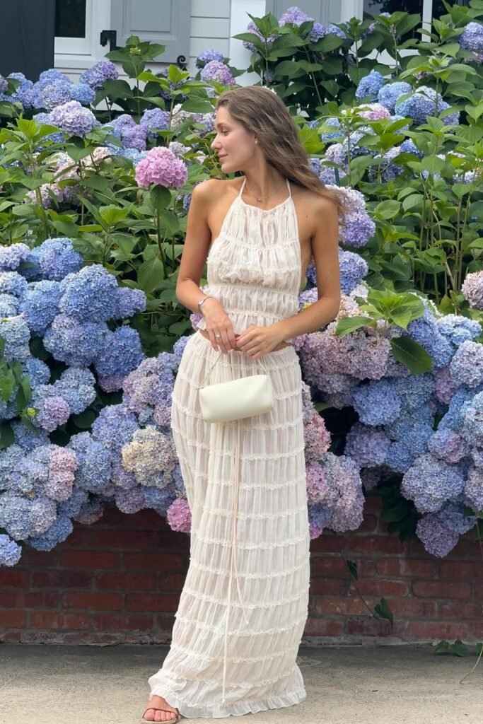 Off-White Ruffled Halter Top + Matching Tiered Maxi Skirt + Small White Leather Clutch