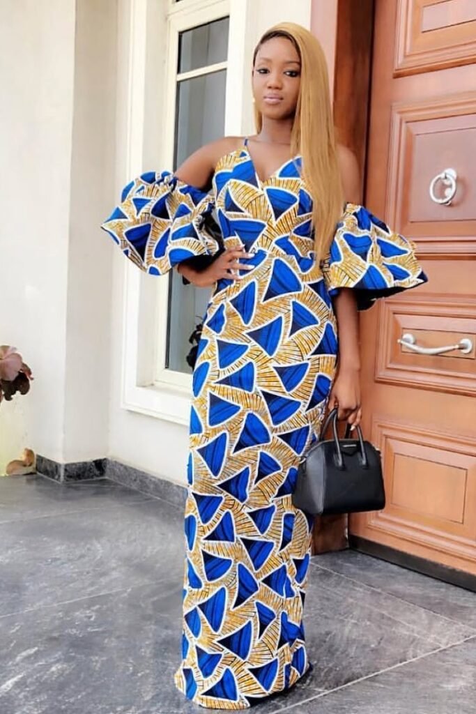 Off-the-Shoulder Ankara Maxi Dress + Black Leather Satchel + Gold Hoop Earrings