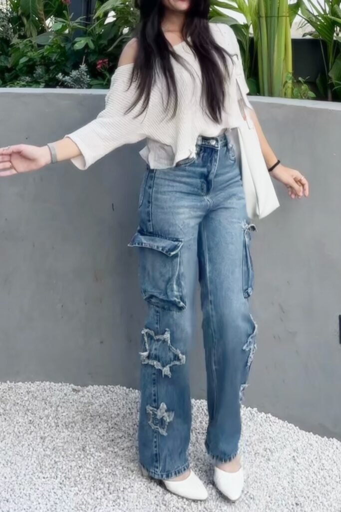 Off-the-Shoulder White Ribbed Sweater + Star-Patch Blue Wide-Leg Jeans + White Pointed Flats