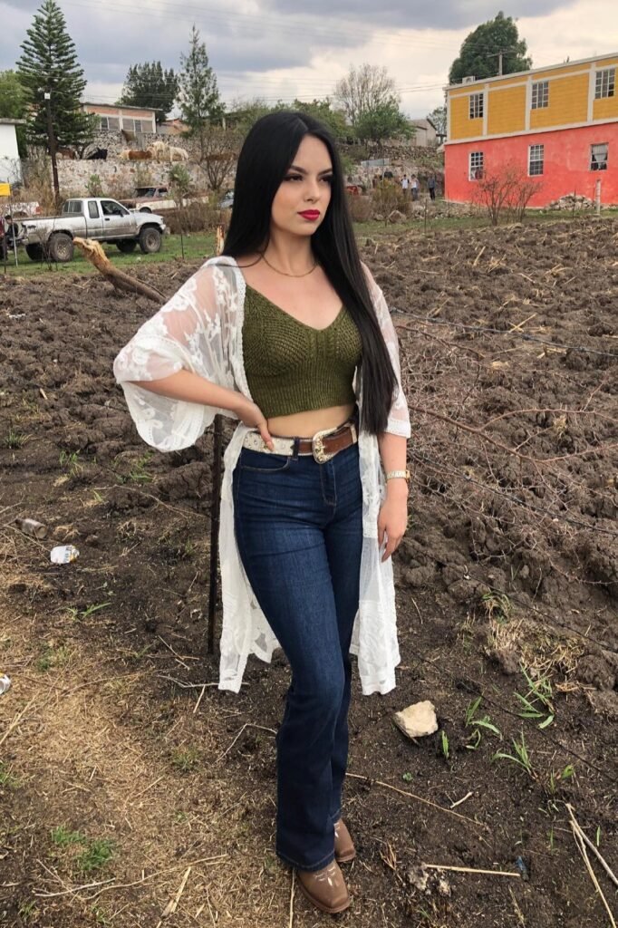 Olive Crochet Crop Top + Dark Wash Flared Jeans + White Lace Kimono