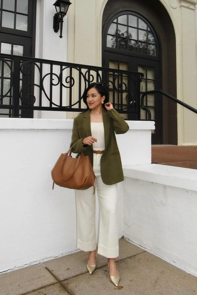 Olive Green Blazer + White Square-Neck Jumpsuit + Gold Pointed Heels
