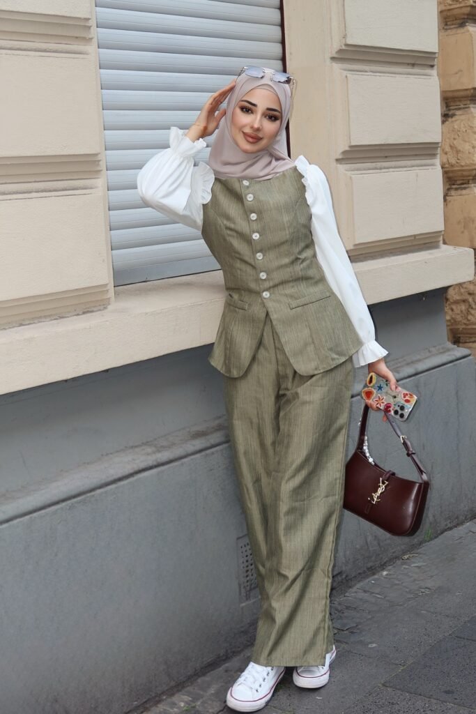 Olive Green Button-Up Vest and Matching Trousers + White Ruffle-Sleeve Blouse + White Canvas Sneakers