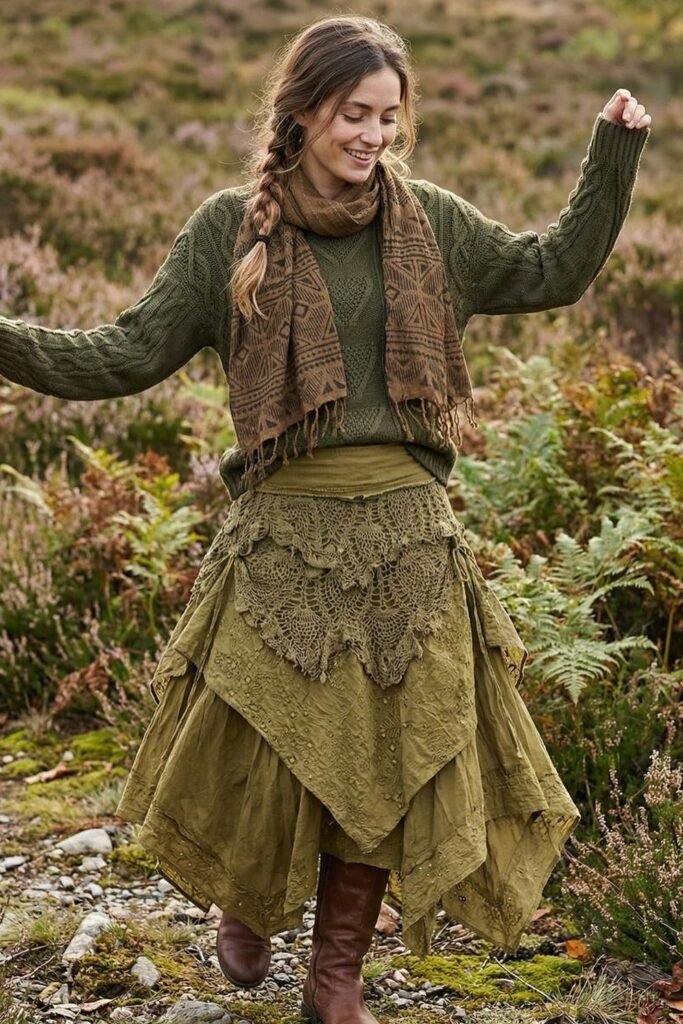 Olive Green Cable Knit Sweater + Layered Moss Green Lace Skirt + Brown Leather Boots