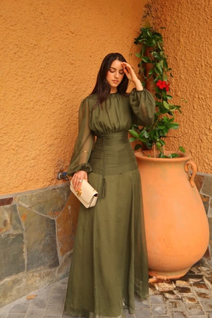 Olive Green Chiffon Maxi Dress with Long Balloon Sleeves + Cream Gold-Clasp Clutch