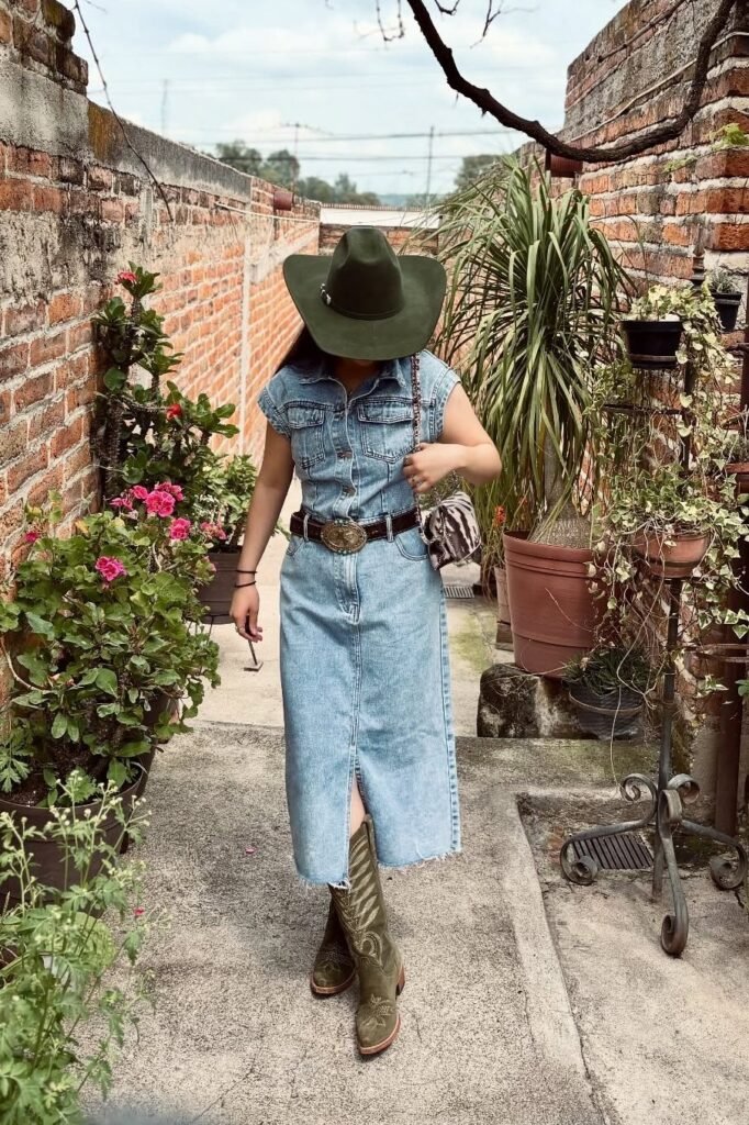 Olive Green Cowboy Hat + Denim Vest + Denim Midi Skirt + Tooled Leather Belt + Olive Green Embroidered Boots