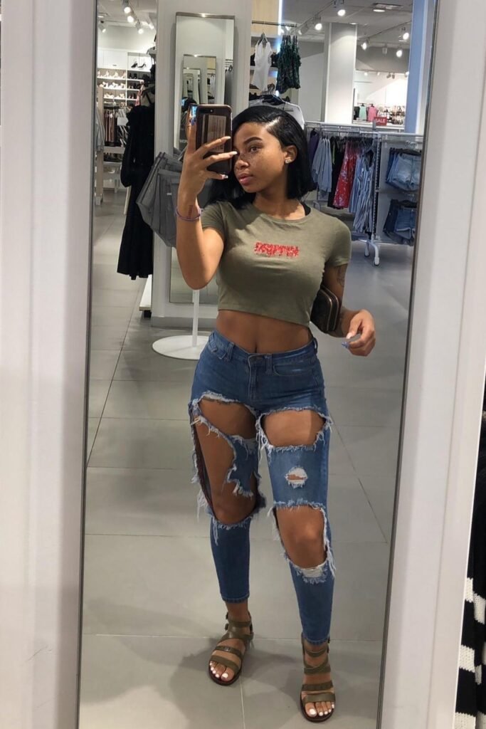 Olive Green Crop Top + Distressed Blue Skinny Jeans + Olive Strappy Sandals