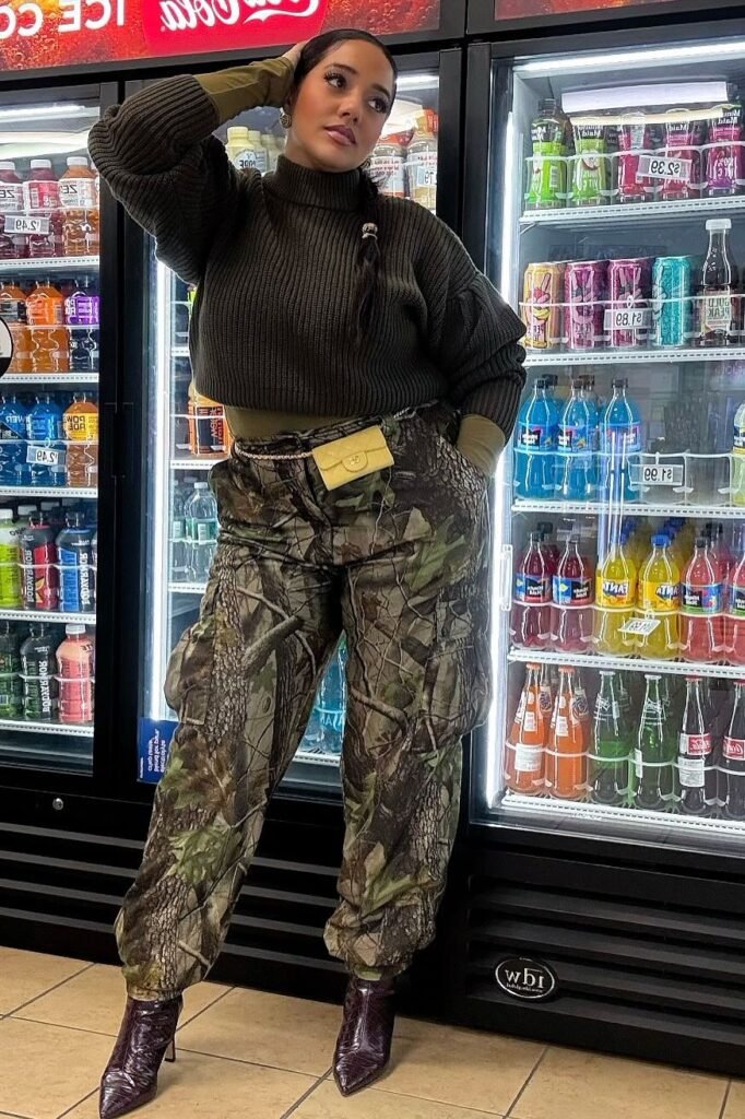 Olive Green Cropped Turtleneck + Camouflage Cargo Pants + Dark Burgundy Boots