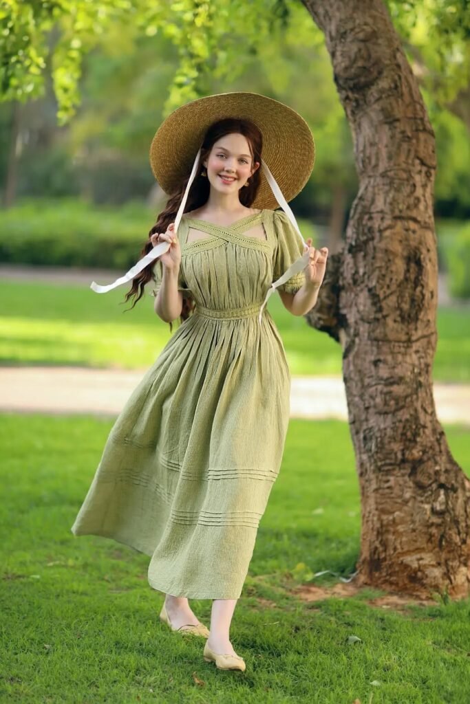 Olive Green Cross-Neck Dress + Wide-Brim Straw Hat + Beige Ballet Flats