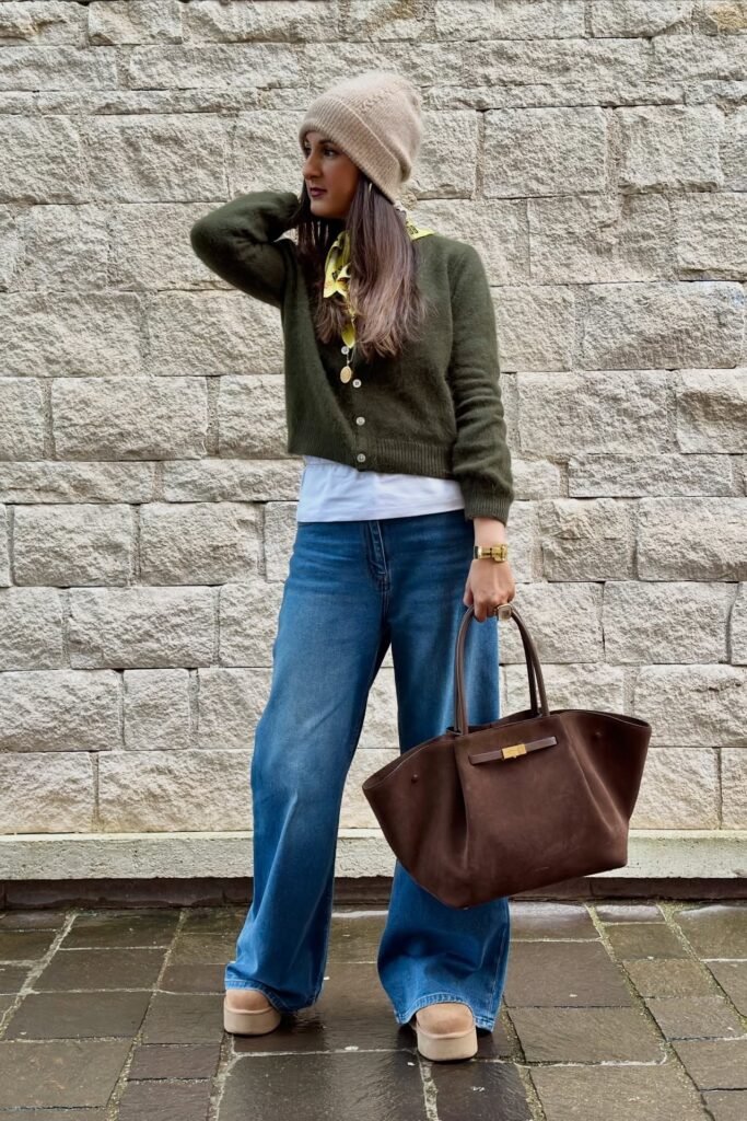 Olive Green Mohair Cardigan + Baggy Blue Jeans + Tan Platform Uggs