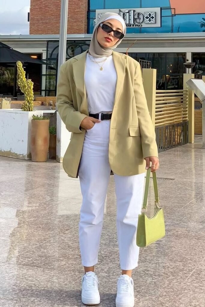 Olive Green Oversized Blazer + White T-Shirt + White Tapered Jeans + White Sneakers
