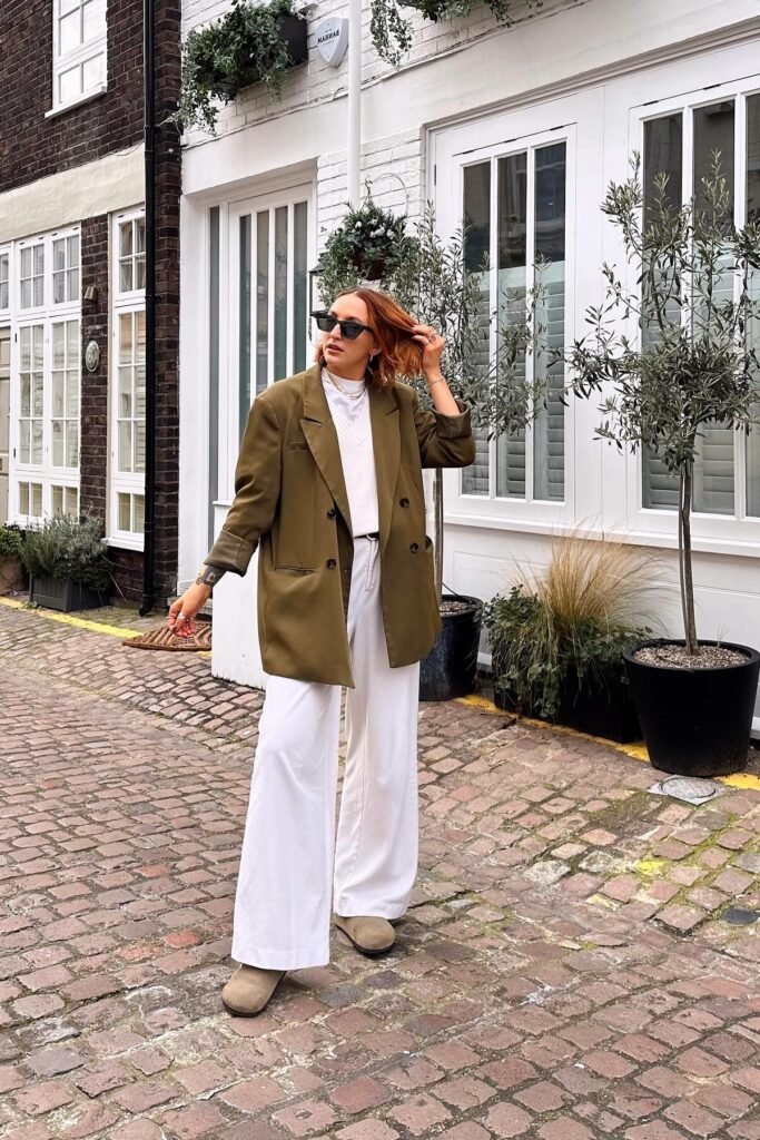 Olive Green Oversized Blazer + White Wide-Leg Trousers + Beige Suede Clogs