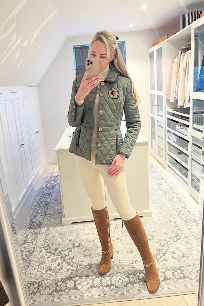 Olive Green Quilted Field Jacket + Cream Turtleneck & Leggings + Tan Suede Knee-High Boots
