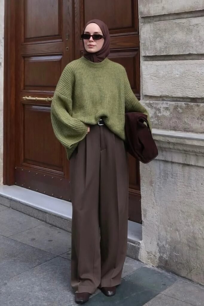 Olive Green Ribbed Oversized Sweater + Mocha Wide-Leg Trousers + Brown Hijab + Dark Brown Loafers