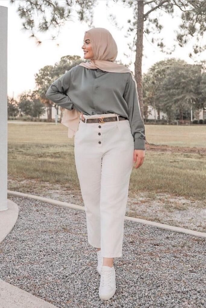 Olive Green Satin Blouse + White High-Waisted Trousers + Tan Hijab + White Sneakers