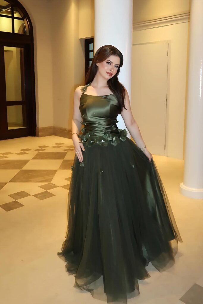 Olive Green Satin Corset Top + Matching Tulle Ballgown Skirt + Floral Waist Embellishments