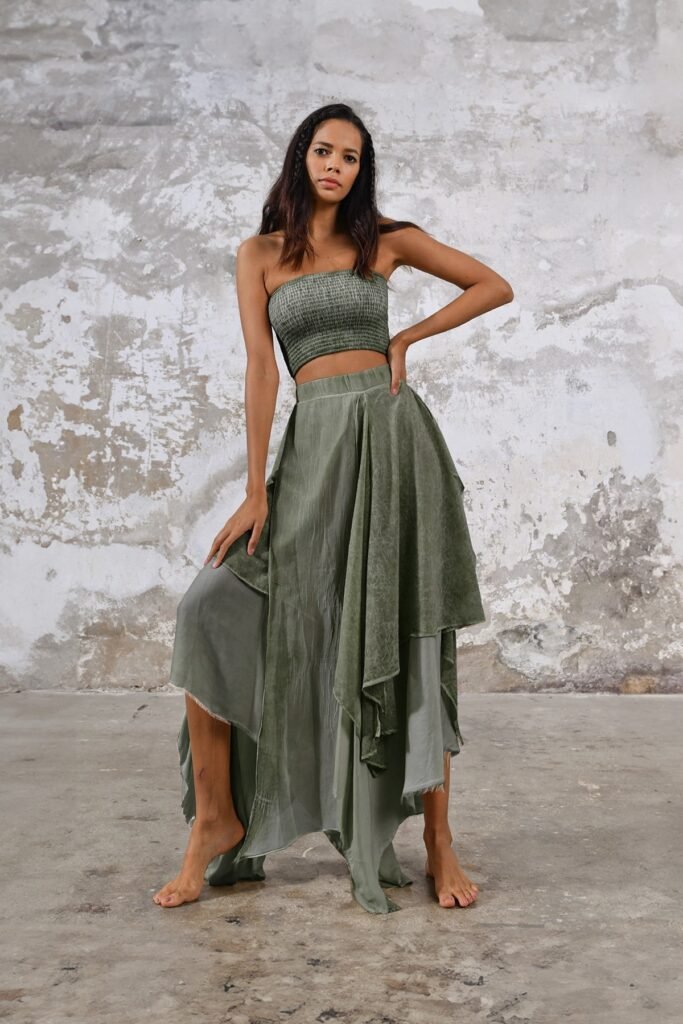 Olive Green Smocked Tube Top + Layered Asymmetrical Sage Maxi Skirt