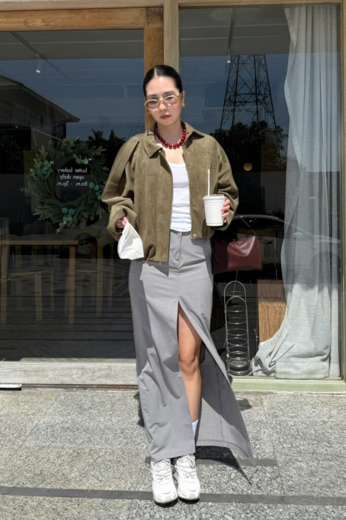 Olive Green Zip-Up Jacket + White Tank Top + Grey Maxi Skirt with Slit + White Sneakers