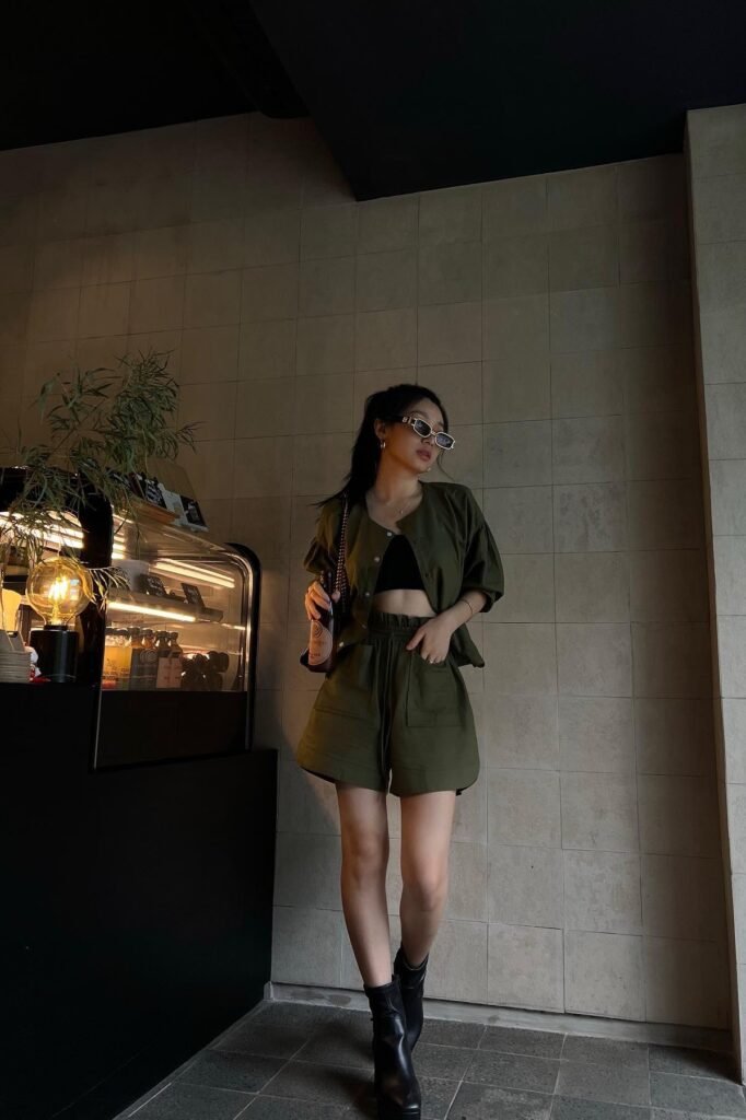Olive Short-Sleeve Button-Up & Matching Paper-Bag Shorts + Black Crop Top + Black Platform Boots