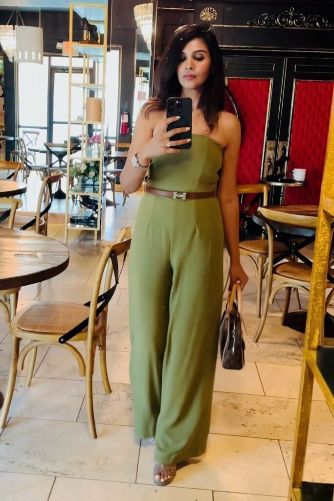 Olive Strapless Jumpsuit + Brown Leather Belt + Brown Patterned Handbag + Gold Strappy Sandals