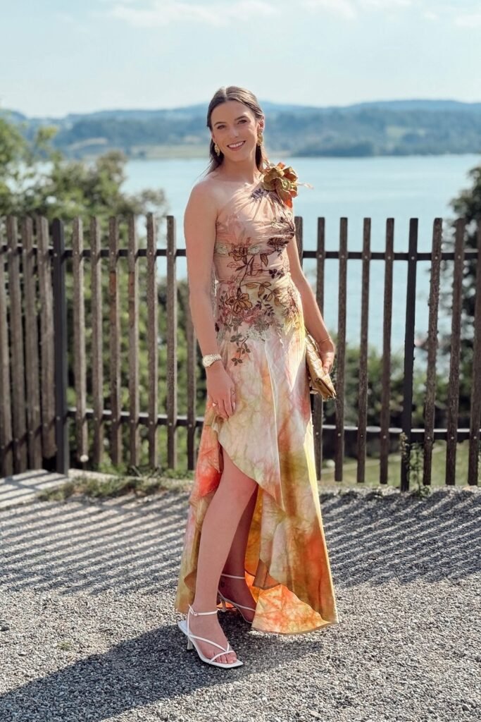 One-Shoulder Floral Embroidery Slit Dress + Gold Clutch + White Strappy Sandals