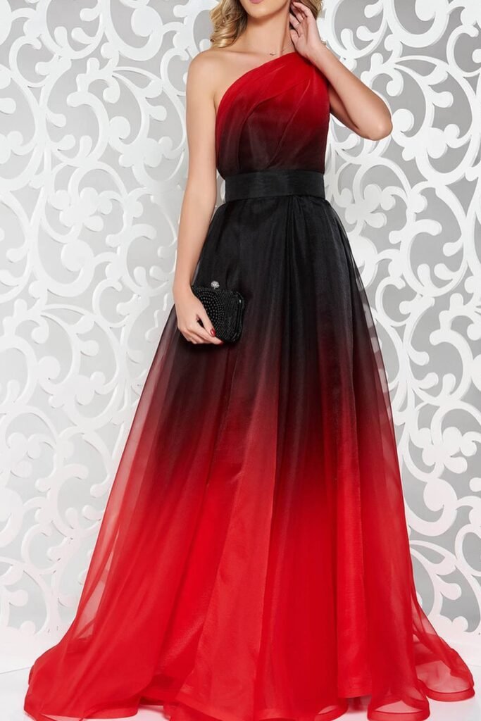 One-Shoulder Red & Black Ombre Gown + Black Satin Belt + Black Embellished Clutch