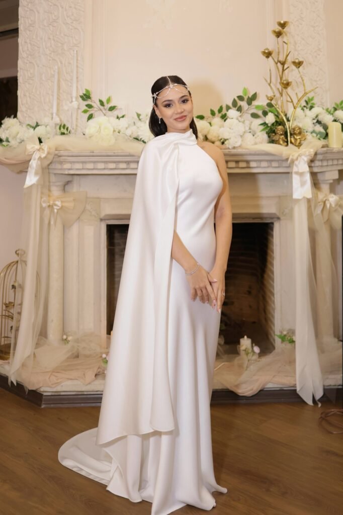 One-Shoulder White Satin Gown + Integrated Cape + Decorative Crystal Headpiece