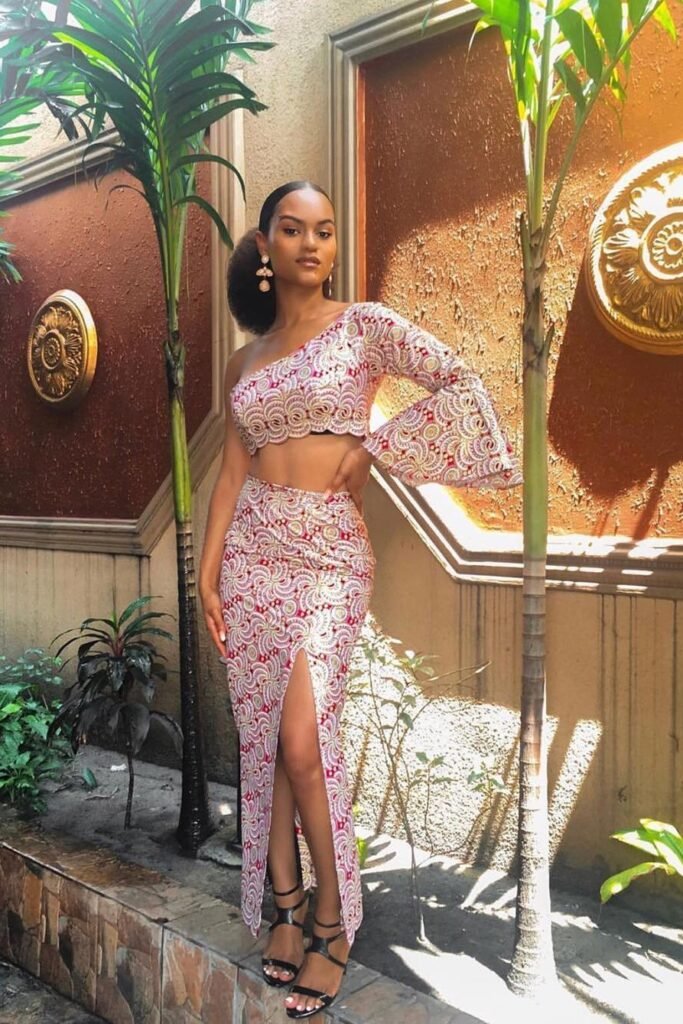 One-Sleeve Ankara Crop Top + High-Slit Maxi Skirt + Black Strappy Sandals