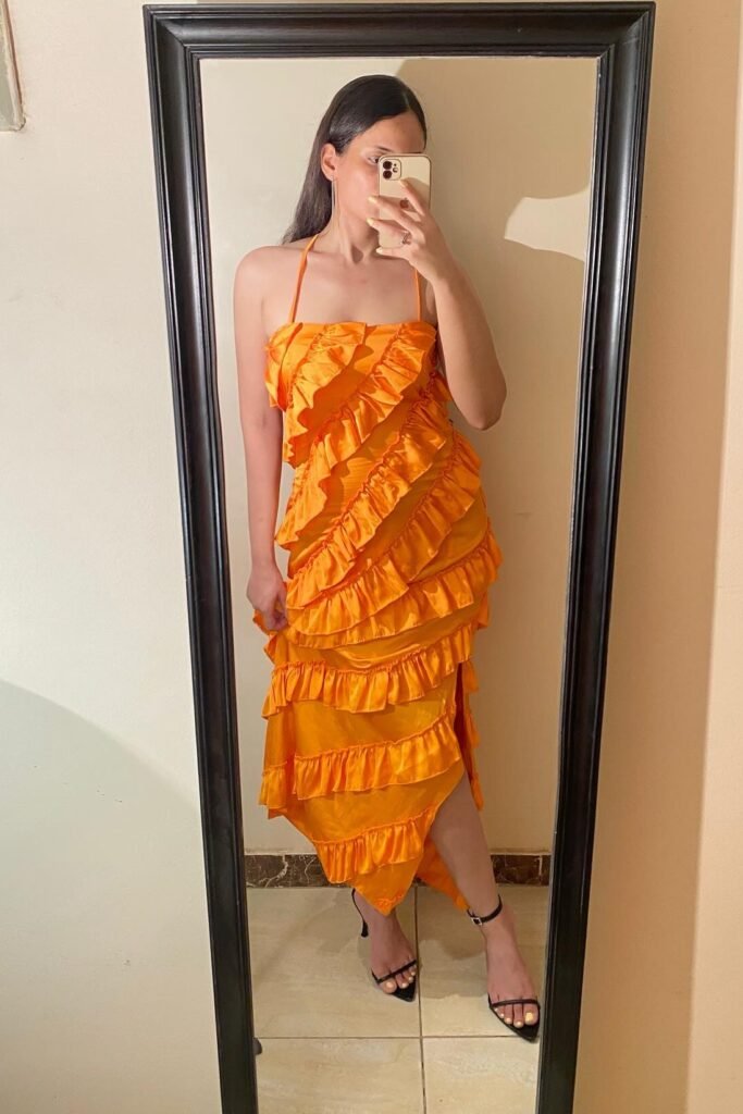 Orange Layered Ruffle Halter Dress + Black Strappy Heels