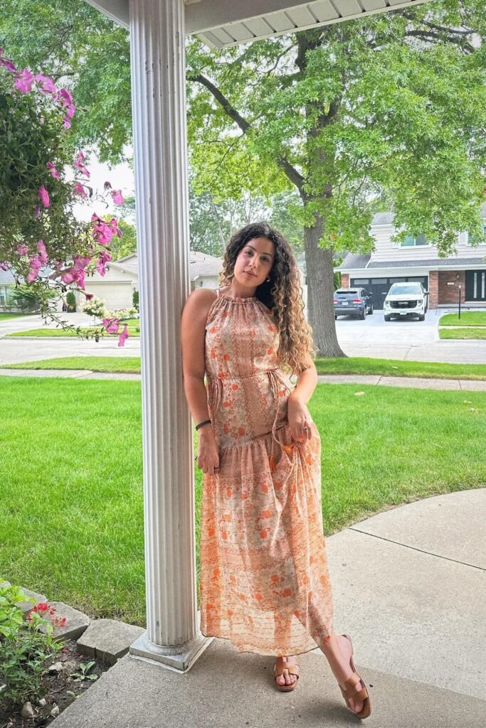 Orange Paisley Halter Maxi Dress + Brown Leather Slides