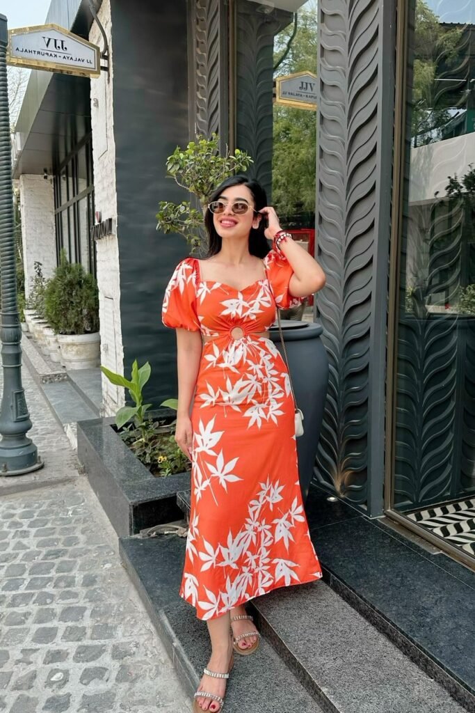 Orange Tropical Print Cut-Out Maxi Dress + Embellished Flat Sandals