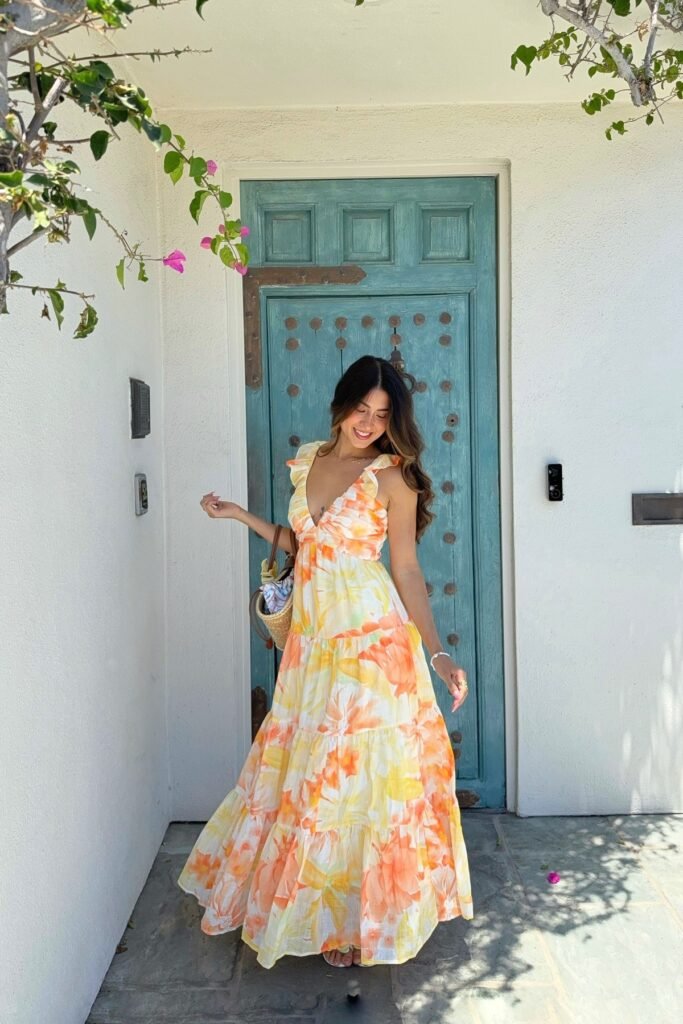Orange and Yellow Floral Tiered Maxi Dress + Straw Basket Bag