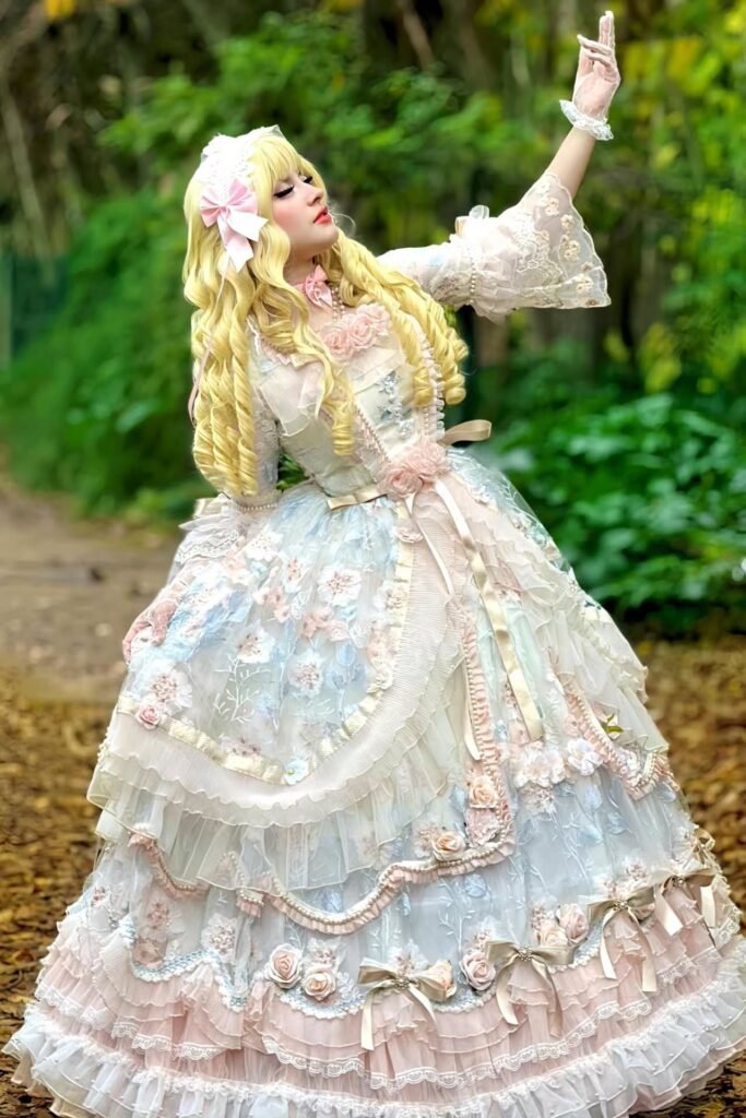 Ornate Floral Rococo Gown + Lace Gloves + Pink Bow Headpiece