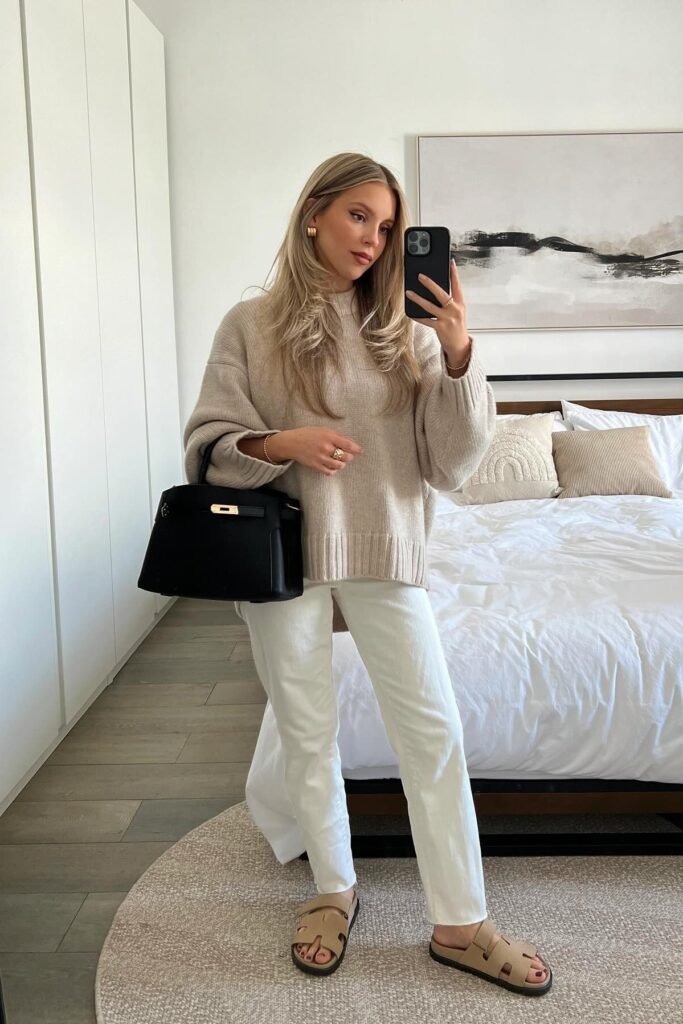 Oversized Beige Ribbed Sweater + White Straight-Leg Jeans + Tan Strappy Sandals