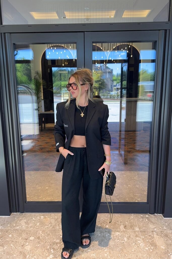 Oversized Black Blazer + Black Crop Top + Wide-Leg Trousers + Black Platform Sandals