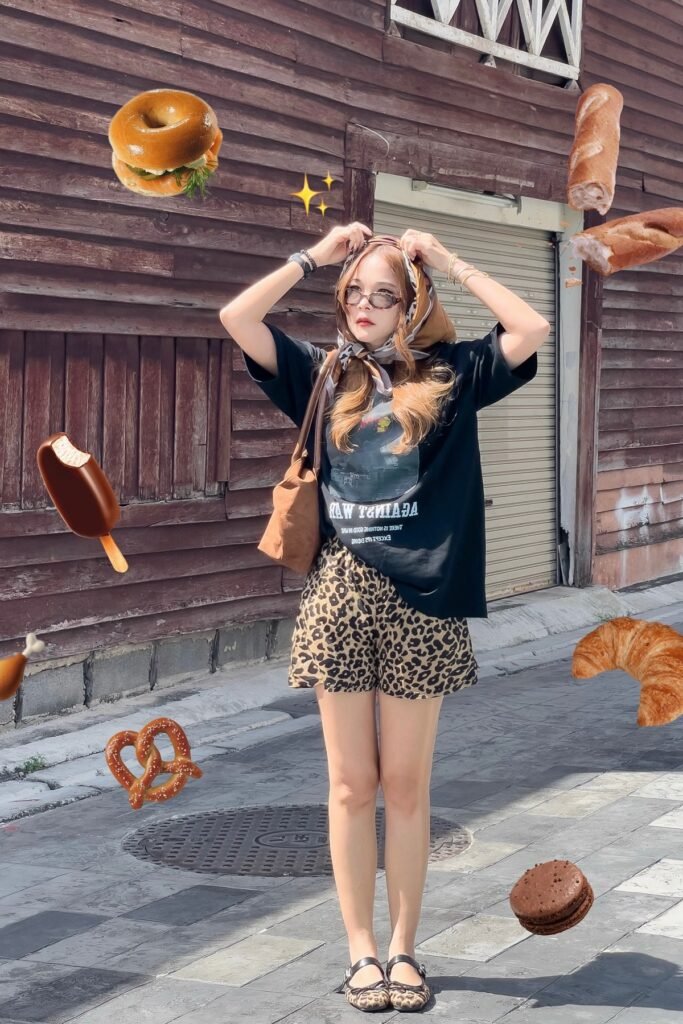 Oversized Black Graphic T-Shirt + Leopard Print Shorts + Leopard Print Mary Jane Flats