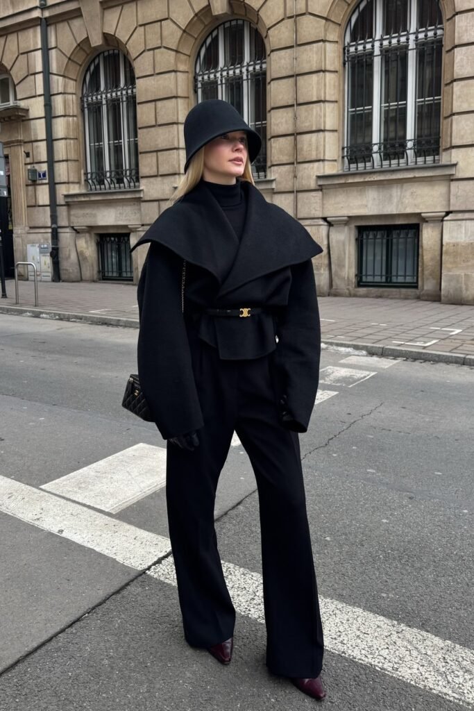 Oversized Black Shawl-Collar Coat + Black Wide-Leg Trousers + Black Cloche Hat