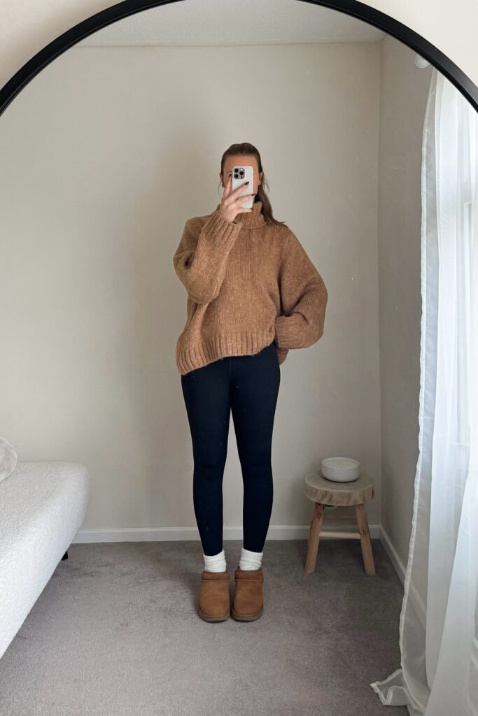 Oversized Brown Turtleneck Sweater + Black Leggings + Brown Suede Mini Boots