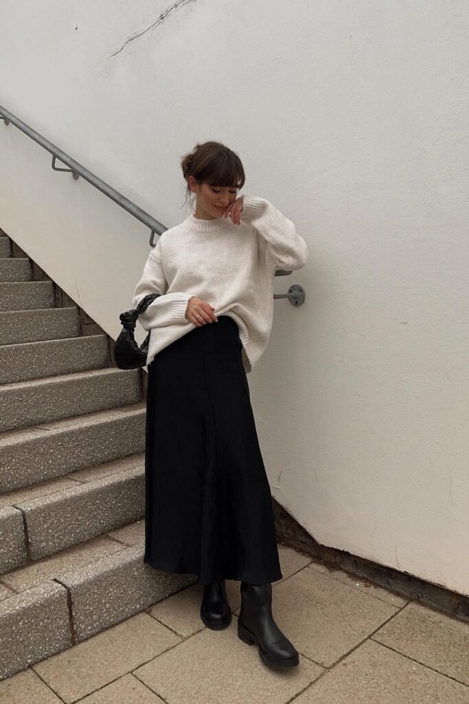 Oversized Cream Knit Sweater + Black Satin Maxi Skirt + Black Chunky Ankle Boots