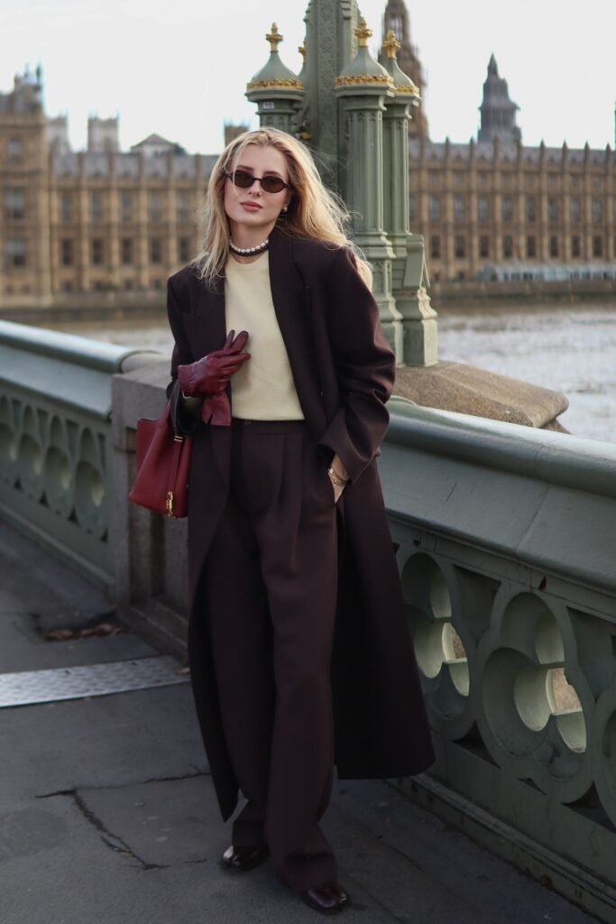 Oversized Dark Brown Overcoat + Pale Yellow Sweater + Dark Brown Pleated Trousers + Dark Brown Square-Toe Boots