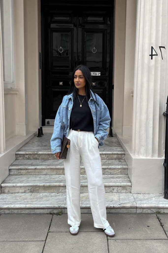 Oversized Denim Jacket + Black T-Shirt + White High-Waisted Trousers + White and Grey Sneakers