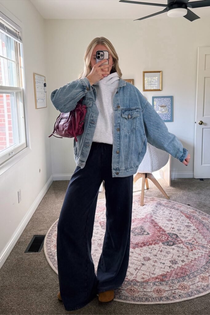 Oversized Denim Jacket + Grey Hoodie + Black Wide-Leg Pants