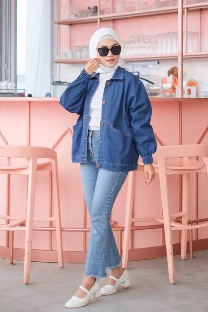 Oversized Denim Jacket + Light Wash Flared Jeans + White Block Heel Mary Janes