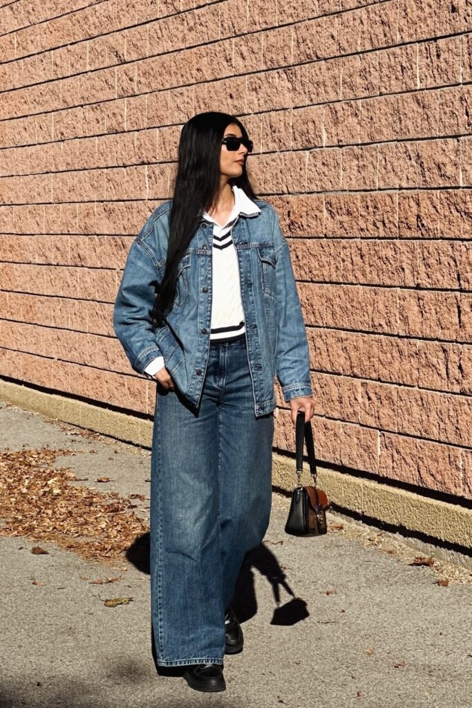 Oversized Denim Jacket + White V-Neck Sweater + Wide-Leg Jeans + Black Loafers