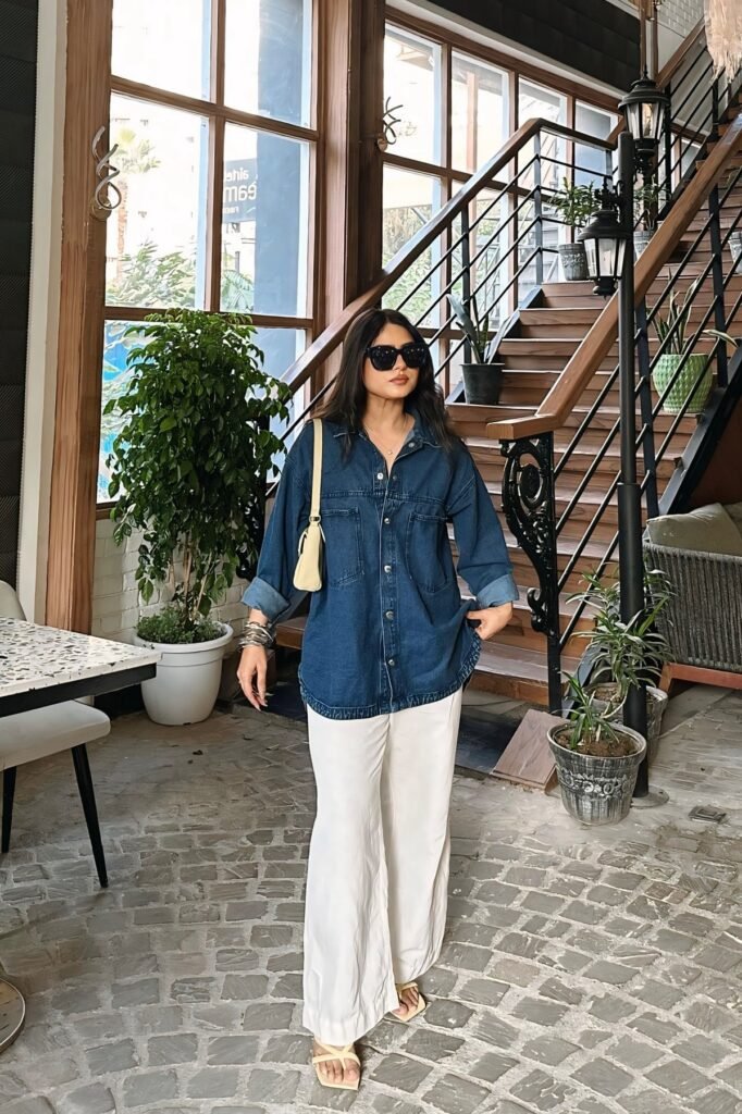 Oversized Denim Shirt + White Wide-Leg Trousers + Beige Square-Toe Sandals