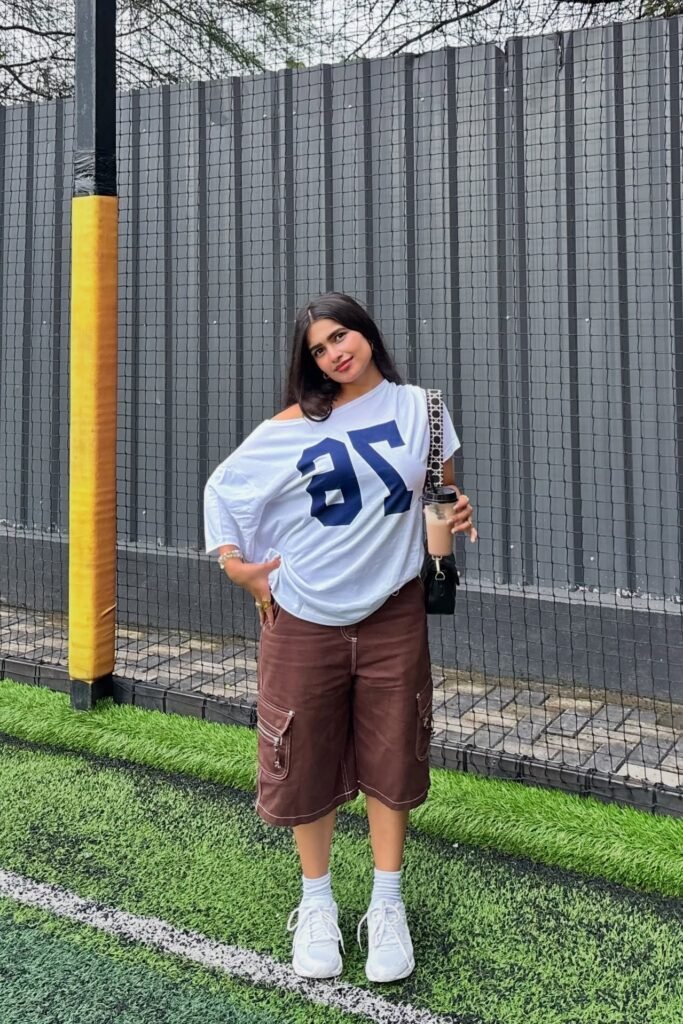 Oversized Graphic T-shirt + Brown Cargo Shorts + White Athletic Sneakers