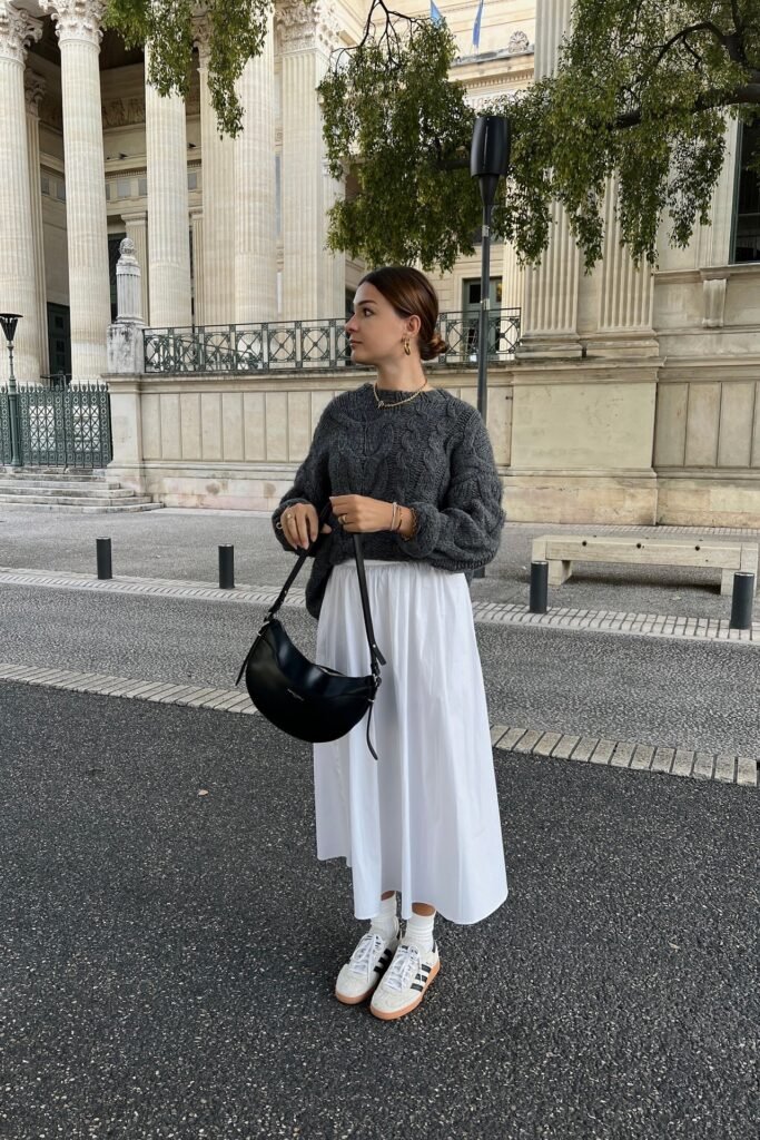 Oversized Grey Cable-knit Sweater + White Cotton Midi Skirt + White Sneakers