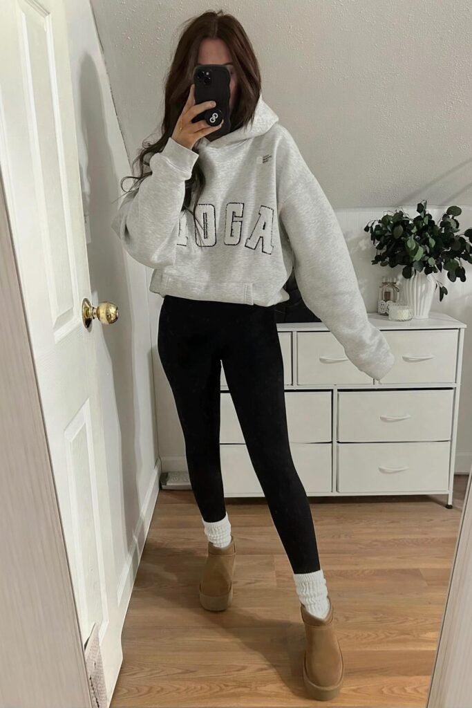 Oversized Grey Graphic Hoodie + Black Leggings + White Scrunch Socks + Tan Mini Platform Boots