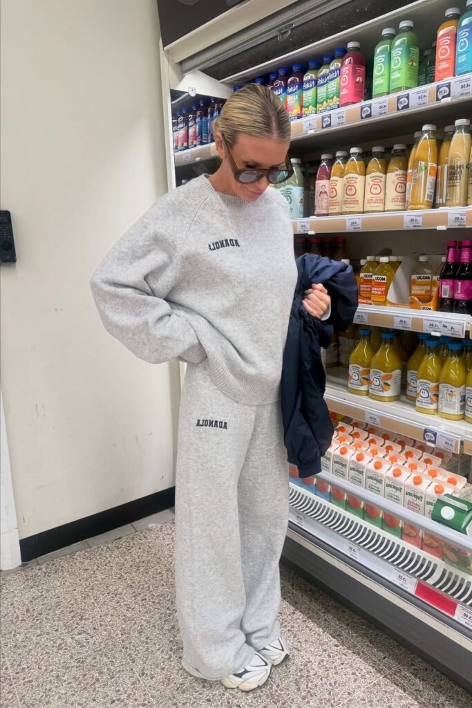 Oversized Grey Graphic Sweatshirt + Matching Grey Sweatpants + White Chunky Sneakers