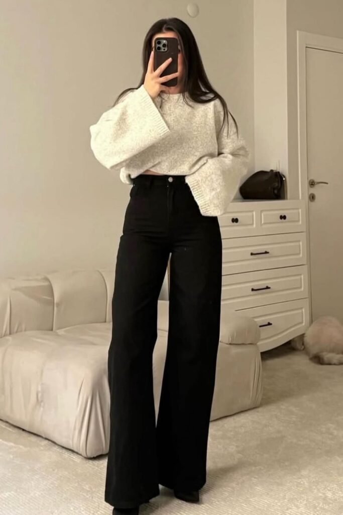 Oversized Grey Knit Sweater + Black High-waisted Wide-leg Jeans + Black Boots