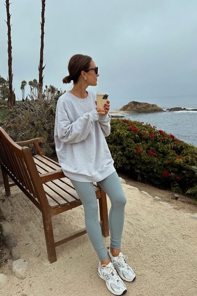 Oversized Grey Sweatshirt + Light Blue Leggings + White Athletic Sneakers